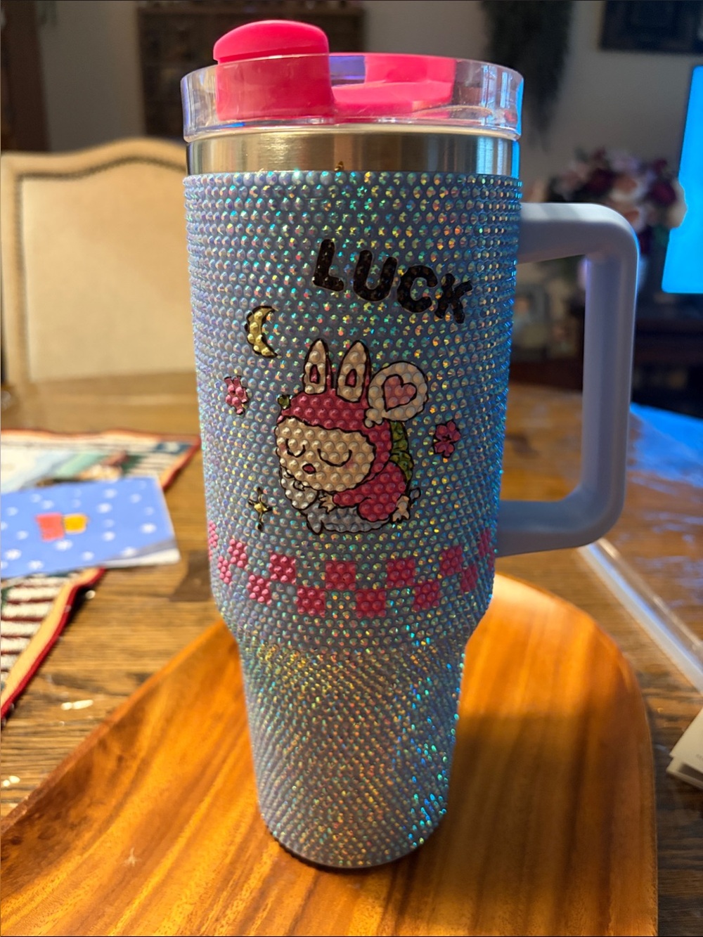 Stanley Iridescent Blue Bling Travel Tumbler with Pink Lid and Handle